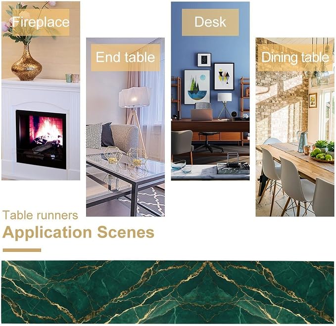 Emerald Green Marble Table Runner, Dark Green Gold Textured Abstract Painting Table Runner for Kitchen Dining Indoor Outdoor Home Party, 13x90 Inch