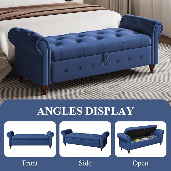 Modern 63'' Storage Ottoman Bench, Upholstered End Bed Bench with Curved Armrest, Button Tufted Entryway Bench with Wood Legs, Bed Bench for Bedroom, Living Room, Hallway (Navy Blue)