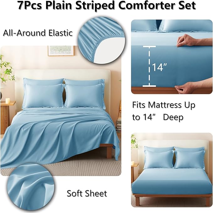 CozyLux Queen Size Comforter Sets - 7 Piece Bed in a Bag Aqua Blue Comforter Set with Sheets Luxury Bed Set All Seasons, Soft Bedding Set with Down Alternative Comforter, Sheets, Pillowcases & Shams