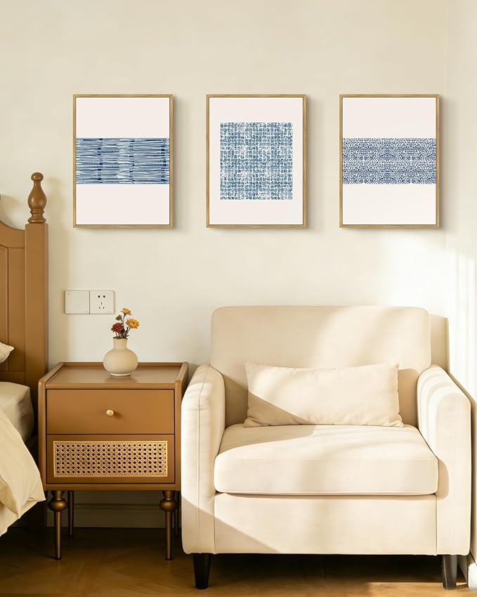 PHOPAGO Blue Abstract Framed Wall Art Modern Boho Neutral Line Wall Decor Bohemain Minimalist Geometric Artwork Home Decor - 11x14in Natural Framed