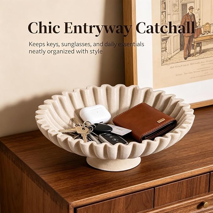 Large Resin Pedestal Decorative Bowl -9.5in Beige Decorative Fruit Bowl for Kitchen Counter, Matte Beige Bowls, Modern Decorative Centerpiece Bowl for Home Decor, Table Decor, Entryway Key