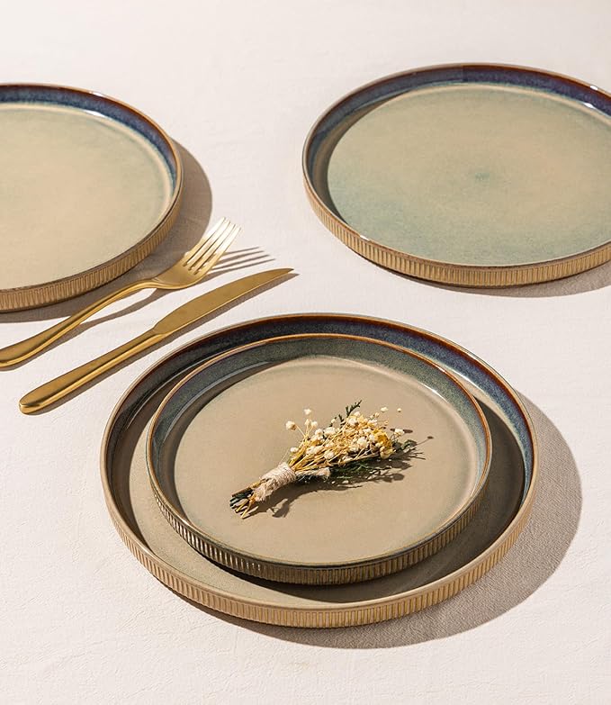 GBHOME Stoneware Dinnerware Sets for 4, 12 Pieces Ceramic Ribbed Plates and Bowls Set, Reactive Glaze Stackable Plate Sets, Scratch Resistant Dishes, Microwave & Dishwasher Safe, Pale Khaki