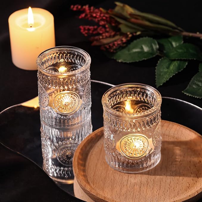 DARJEN Clear Votive Candle Holders Set of 24- Glass Candle Holders Bulk for Tea Light Candle, Embossed Candle Votives for Wedding Centerpiece, Living Room & Home Table Decor