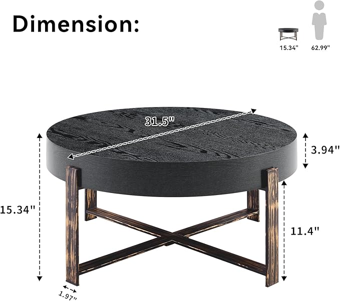 Round Coffee Table, Small Wood Coffee Table with Storage, Modern Mid Century Metal Circle Tables Accent Center Tables for Living Room Apartment Small Space (31.5''D-Black)