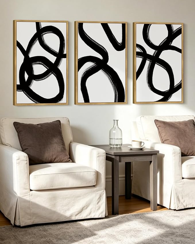 KUVIOKE Black and White Abstract Framed Wall Art Ink Wash Minimalist Lines Painting Artwork for Bedroom Hallway 24x36in (Natural Framed)