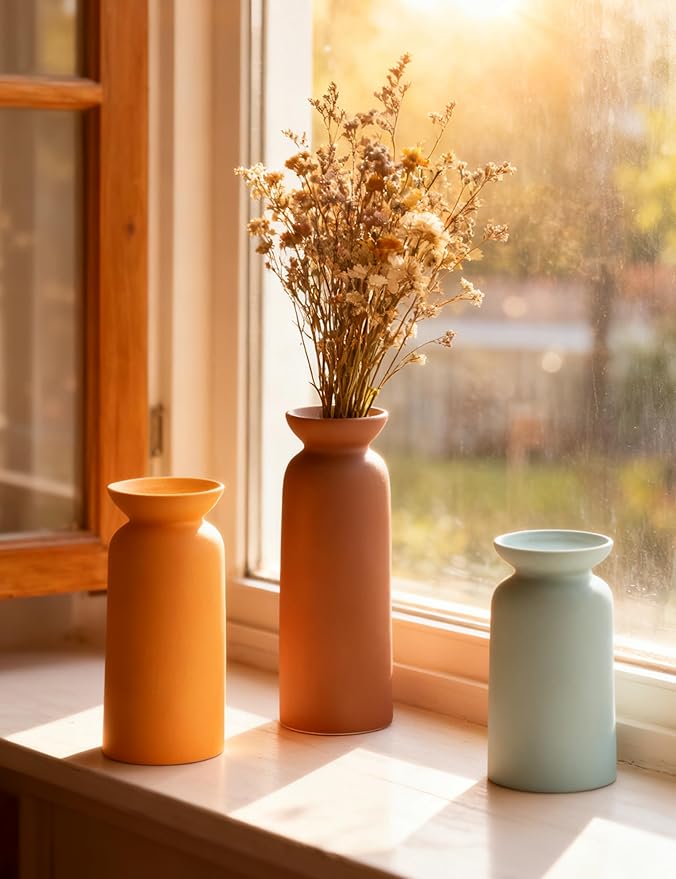 Modern Ceramic Vase for Home Decor Farmhouse Vases Set of 3 Terracotta Decorative Pottery Boho Grass Living Room Kitchen Bedroom