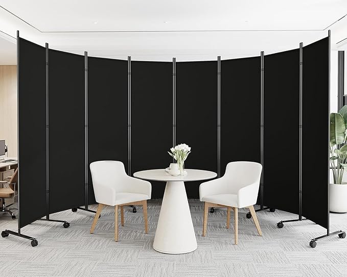 SUNALLY Room Divider 6FT Folding Privacy Screens with Lockable Wheels, 8 Panel Room Partition for Room Separator, 176" W Freestanding Portable Fabric Wall Dividers for Home Dorm Studio Office, Black