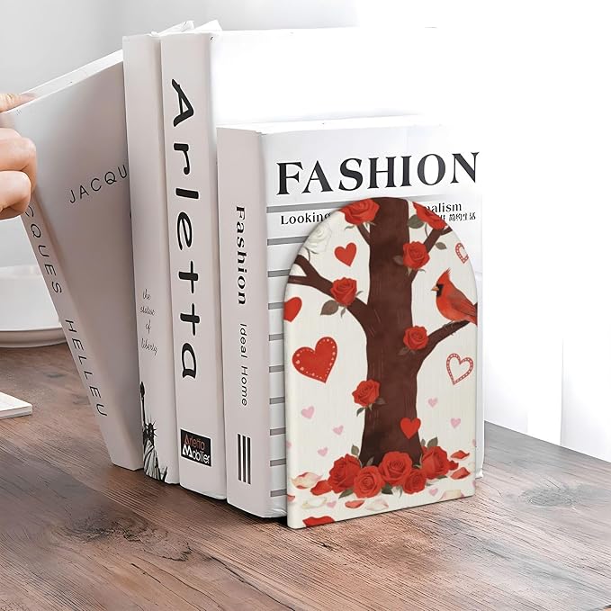 Birds with Red Flowers Trees Hearts 2 Pack Decorative Bookends 6.7x4.2 in, Book Ends for Home Office Library Shelves Decor Room Kitchen Desktop