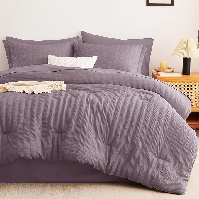 CozyLux Twin XL Comforter Set with Sheets Seersucker Dusty Purple 5 Pieces Bed in a Bag, Grayish Purple Twin Extra Long Bedding Sets College Dorm Down Alternative Comforter, Sheets, Pillowcase & Sham