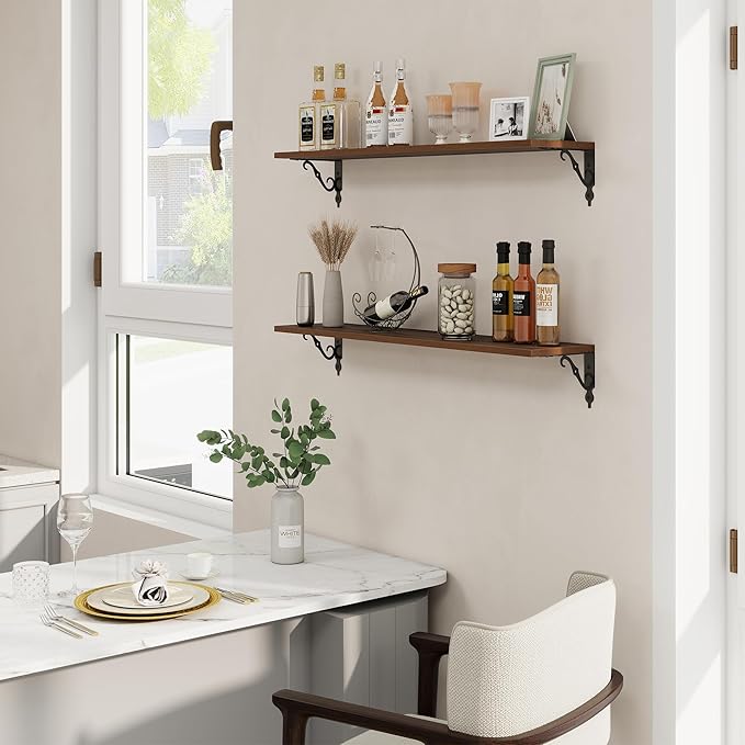 RICHFOCUS Floating Shelves for Wall Decor, 35.4W x 8D Shelves Set of 2, 8 Inch Deep Rustic Wood Shelves Wall Mounted with Brackets, Long Floating Shelves for Living Room Bedroom Kitchen, Walnut