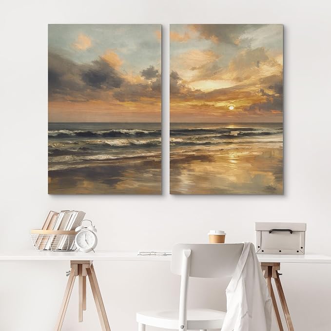 SIGNLEADER Canvas Print Wall Art Set Golden Sunset Seascape Illustrations Modern Relax/Calm Multicolor for Living Room, Bedroom, Office - 24"x36" x 2