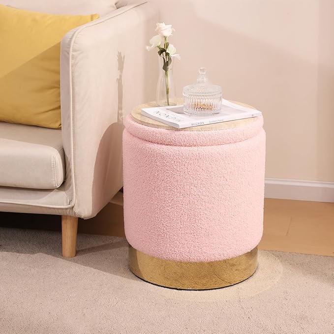 YYW HOME Sherpa Round Ottoman Set of 2 with Storage, 12 Gallon Hidden Storage Ottoman, Multi-Functional Footrest Stool, Vanity Seat, Coffee Table, No Assembly Required, Holds 300lbs (Teddy Pink)