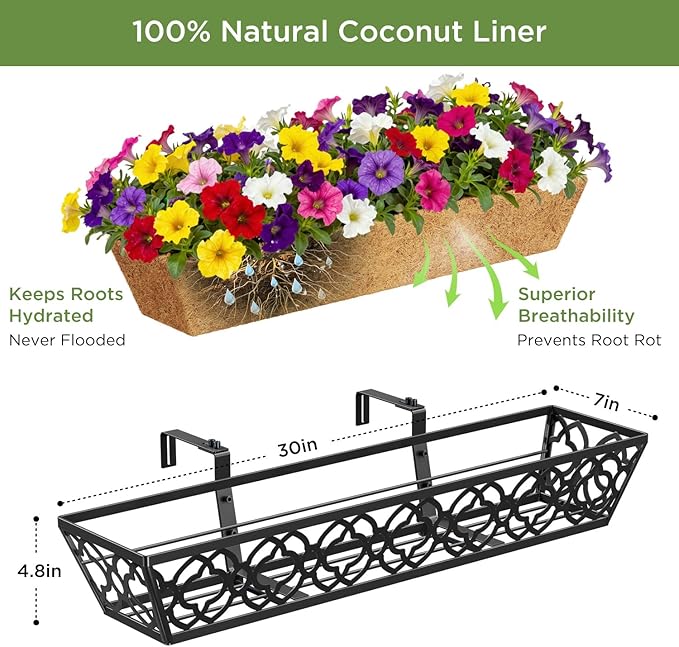 Y&M Deck Railing Planter Boxes 30 Inch 4 Pack, Adjustable Balcony Planter for Outdoor Plants, Metal Railing Planter Box for Deck, Fence and Porch, Window Boxes Outdoor, Sturdy Hanging Planter