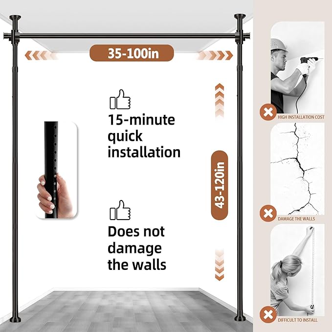 AJAZZ Room Divider Curtain Rod, No Drilling Room Separator for Space Partition Adjustable (H) 43-120×(W) 35-100 inch Heavy Duty Temporary Wall Divider Floor to Ceiling Tension Rod, Black