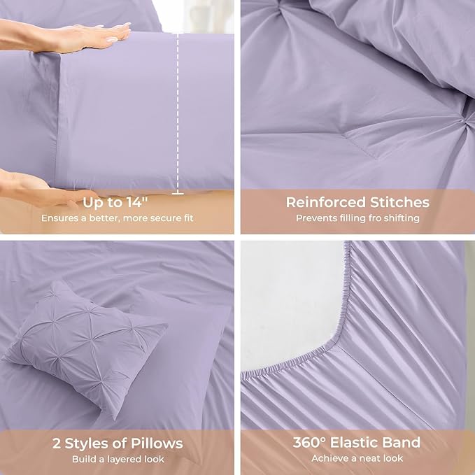 Sasttie Twin Comforter Set, 5-Piece Bed in a Bag, Pintuck Bedding Set for All Season, Includes Comforter, Flat Sheet, Fitted Sheet, Pillowcase and Pillowsham, Lavender