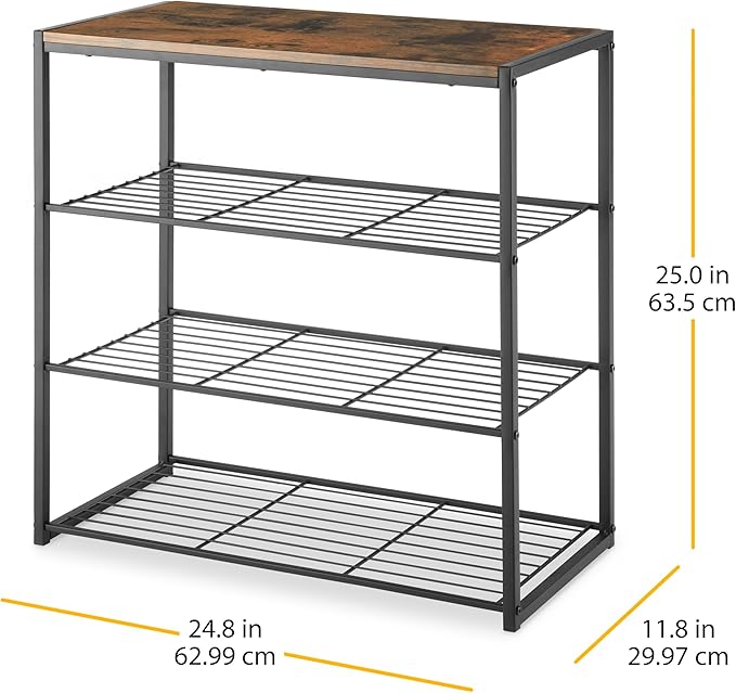 Whitmor Modern Industrial 4-Tier Shelf with Woodgrain Top, Entryway Storage Organizer for Shoes, Books & Decor, Freestanding Metal Shelving Unit for Bedroom, Living Room, Kitchen, Easy Assembly.