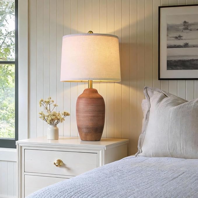 24.5" Single Rustic Terracotta Brown Handcrafted Ceramic Table Lamp 5FT Cord,Farmhouse Vintage Lamp with Linen Drum Shade, Bedside Lamp for Nightstands Bedroom Living Room Entryway,Bulb Not Included