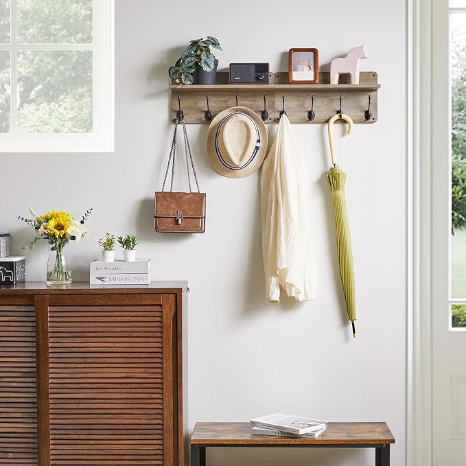 YMYNY Coat Rack Shelf Wall Mounted, Wooden Coat Hooks Set of 2, Entryway Coat Hanger with 8 Hooks,31.5''L Floating Shelves, Key Holder, for Bedroom, Bathroom, Living Room, Silver Gray UHWS006Y-2