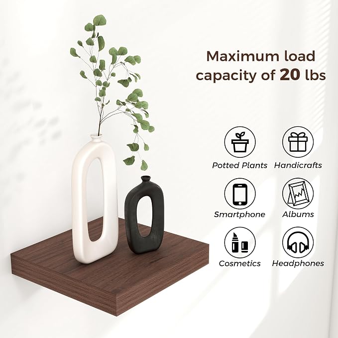 Square Floating Shelves for Wall 8"W x 8"D x 1.2"H, Small Engineered Wood Wall Shelves with Invisible Brackets for Living Room Bedroom Bathroom Office Kitchen Storage & Decor, Walnut Finish, Set of 3
