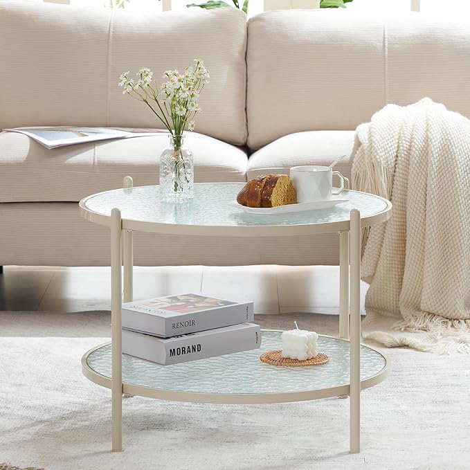VINGLI 25.6" Small Cream White Round Coffee Table Water-Wave Glass Circle Clear Coffee Table, Center Table with 2-Tier Modern Storage Design for Living Room, Bedroom, Meeting Room, Balcony, Beige