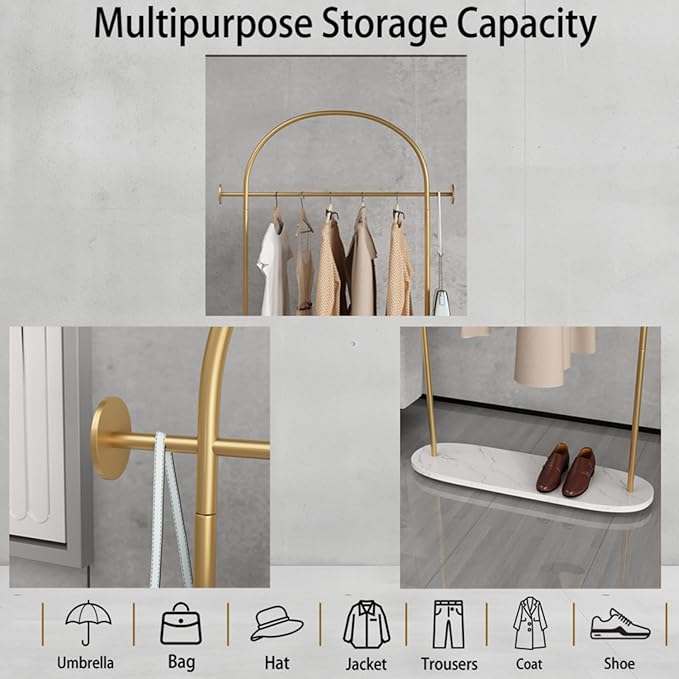 TIEOU Metal Gold Coat Rack, Freestanding Entryway Stand, Hat Coat Hanger, Small Clothing Rack, Modern