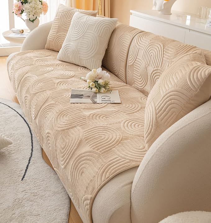Soft Plush Geometric Quilted Couch Sofa Cover Boho Non Slip Fuzzy Sectional Couch Cover Solid Color Washable Sofa Slipcover Furniture Protector for Kids Dogs Cats (Coffee,28"x59")