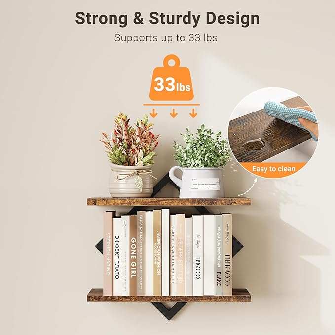 ELYKEN Floating Shelves for Wall, Set of 2 Hanging Shelves, 2-Tier Wall Mounted Storage Shelves for Books & Decor, Perfect for Living Room, Bedroom, Kitchen, Home Office, Study, Rustic Brown