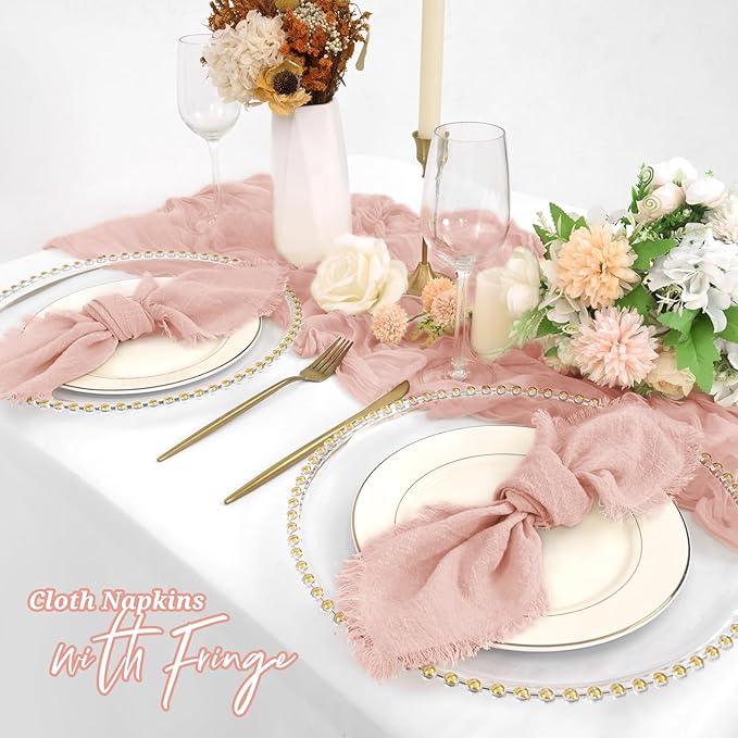 12 Pack Pink Cloth Napkins Cotton Linen Napkins with Fringe 16 x 16 Inch Soft Handmade Napkins Cloths Delicate Washable Rustic Dinner Napkin Cloths for Wedding Party Dinner Table Decor