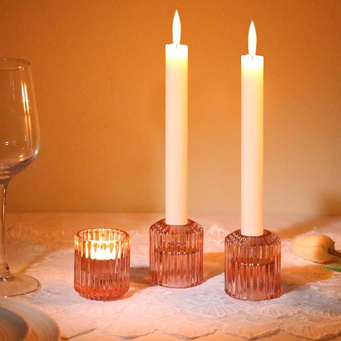 Reversible Rde Glass Candle Holder Set of 6, Thick Heat-Resistant Glass Candlestick Holders for Taper, Tealight, Votive, LED Candles, Perfect for Wedding, Party, Home Décor