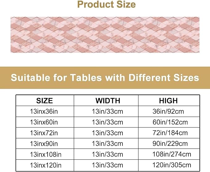 Marble Table Runner,Pink Gold Geometric Diagonal Marble Pattern Table Runner for Coffee Table Dining Room Table Bedroom Party Holiday Decor 13x90inch
