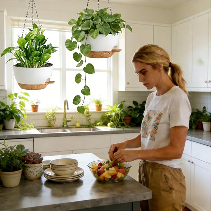 3 Pack Hanging Planters for Indoor Outdoor Plants, 10 Inch Self Watering Hanging Pots for Plants, Plastic Hanging Flower Baskets for Plants Hanger with Drainage and Tray, Chain (White Brown)
