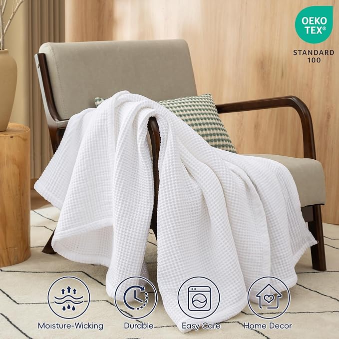 PHF 100% Cotton Waffle & Muslin Throw Blanket Large, Soft Breathable Luxury 400GSM Versatile Reversible Bedding for Couch, Great for Layering in Cold Weather, Home Decor Gift, 50" x 70", White