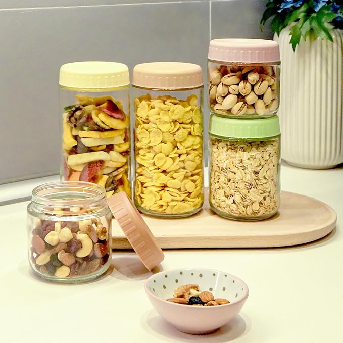 SHOWIN Overnight Oats Containers with Lids, 24oz Glass Jars with Lids 8 pcs, Pink, Wide Mouth Mason jars for Salad, Yogurt, Snacks, Meal Prep