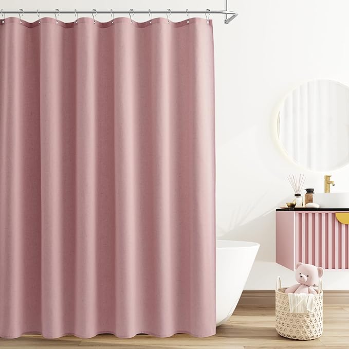 Naturoom Pink Linen Shower Curtain, Country Boho Farmhouse Bath Decor Shower Curtains Neutral Cloth Weighted Textured Fabric Bath Curtain Liner with Hooks, 72x78
