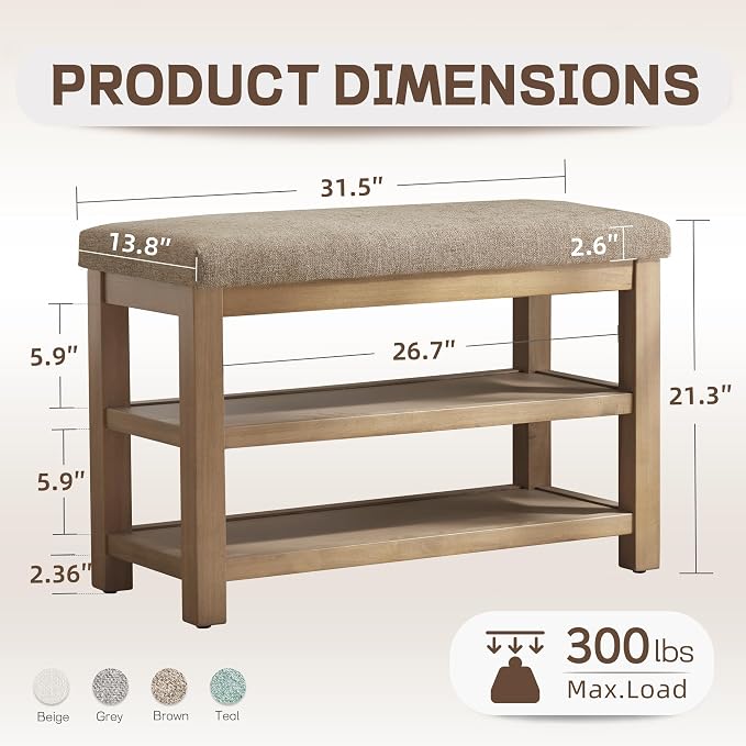 Zihanhome 2 Tier Shoe Rack Bench with Cushion, Solid Wood Shoe Benches, Mid-Century Modern Shoe Storage Bench for Entryway, Hallway, Living Room, Closet, Front Door Entrance, (Brown, 31.5")