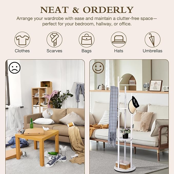 Wood Coat Rack with 3 Shelves and 9 Hooks, Freestanding Heavy Duty Rotary Coat Tree for Entryway, Bedroom, Living Room, Hallway – Holds Jackets, Coats, Hats, Bags (White)