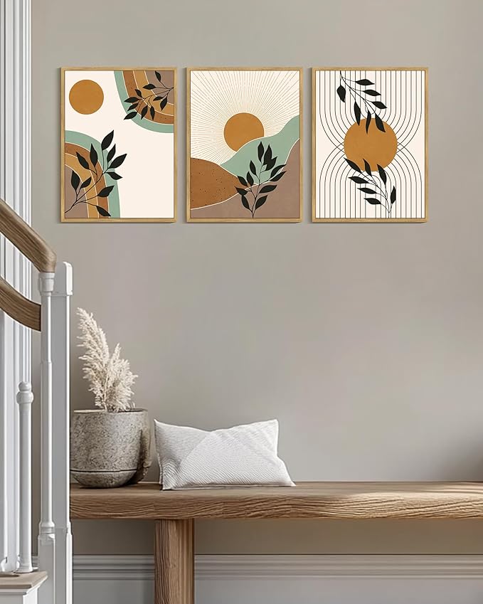 PHOPAGO Boho Abstract Wall Art Botanical Mid Century Modern Framed Wall Printing Neutral Geometric Prints Bohemain Sage Decor for Farmhouse Living Room - 12x16in Natural Framed