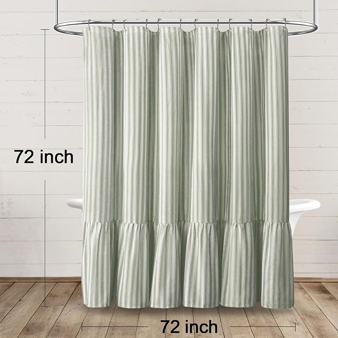 Farmhouse Shower Curtain with Ruffle Hem Linen Shower Curtains for Bathroom Country Vintage Rustic Natural Fabric, White-Green Stripe 72" W x 72" L