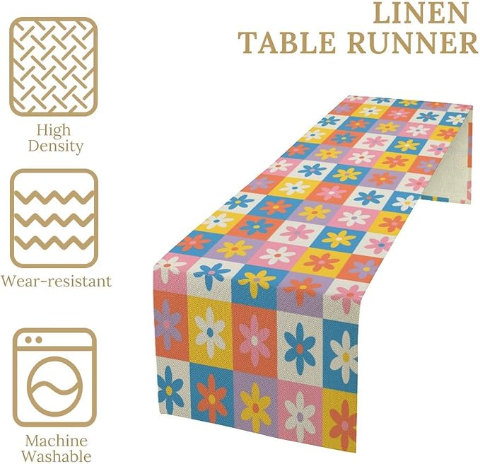 Retro 60s 70s Floral Table Runner Hippie Summer Groovy Boho Check Flower Dinner Runner for Home Kitchen Dining Table Party Decor 13"x36"