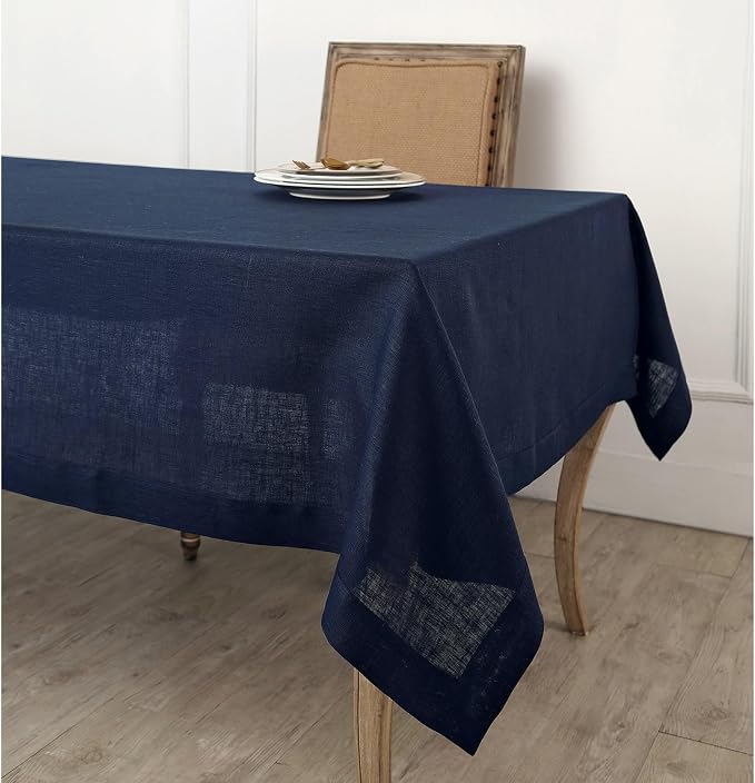 Solino Home Navy Blue Tablecloth 60 x 108 Inch - 100% Pure Linen Rectangular Tablecloth - Machine Washable Table Cloth for Summer, 4th of July - Fete