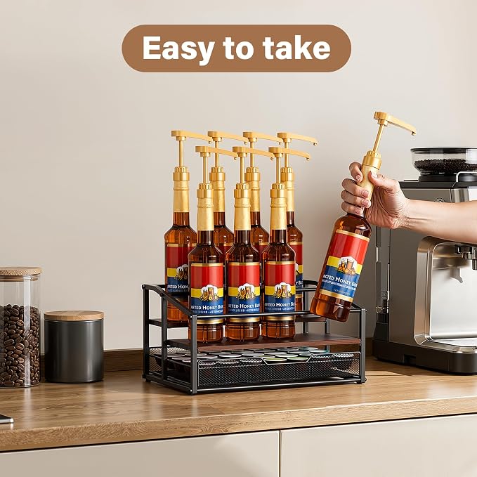 kimilus Coffee Syrup Rack Organizer, 3-Tier 8 Bottle Syrup Rack with 35 K Cup Drawer for Coffee Bar, Countertop Bottle Holder Stand for Dressing for Kitchen Cafe Station