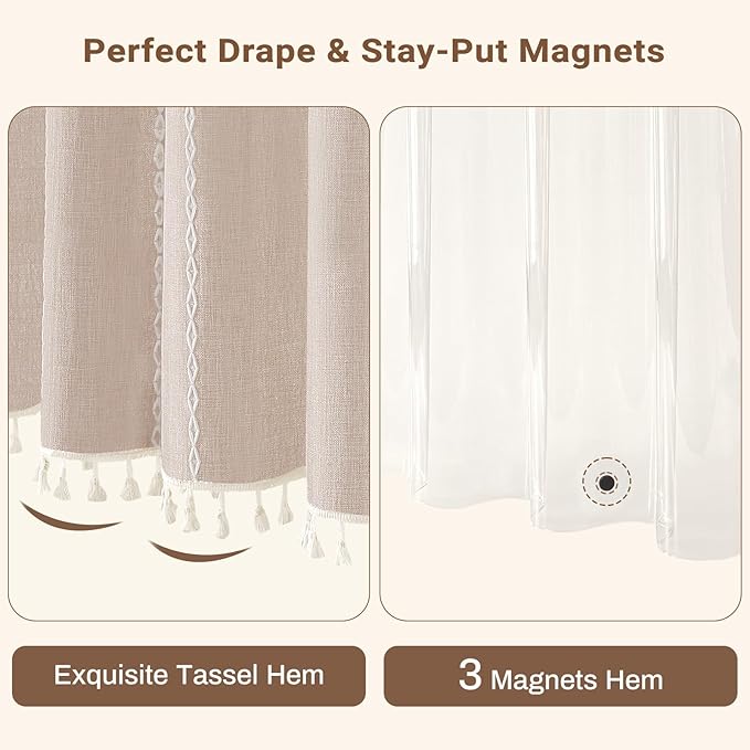 BTTN 3 in 1 Shower Curtain with Liner, 90 Inch Extra Long Boho Linen Striped Cloth Shower Curtain Set with Hook, Tall Rustic Hotel Luxury Waterproof Fabric Shower Curtain for Bathroom, Taupe, 72x90