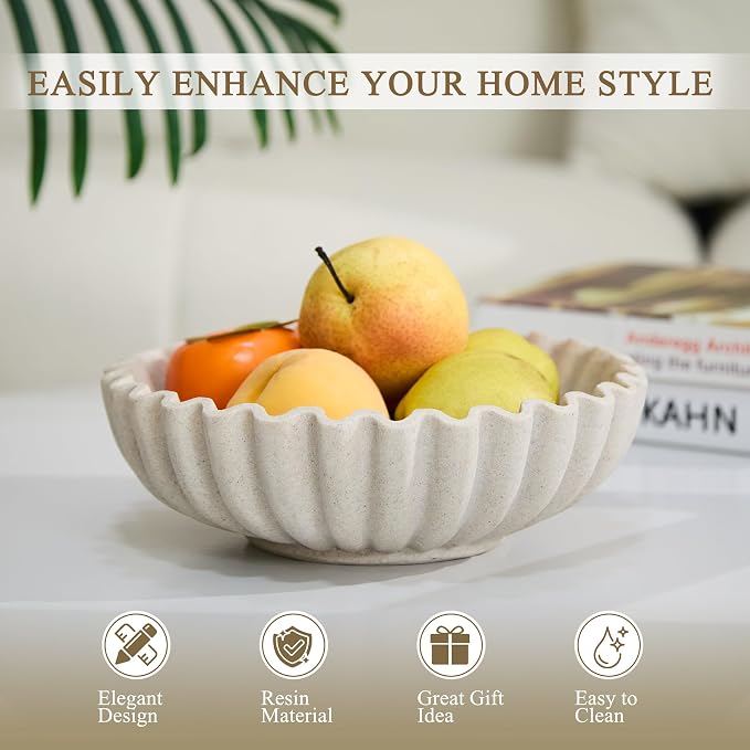 Large Decorative Bowl, Resin Fruit Bowl for Kitchen Counter, Scalloped Ruffle Entryway Bowl, 10 Inch Modern Purse Bowl for Home Decor, Artificial Stone Beige
