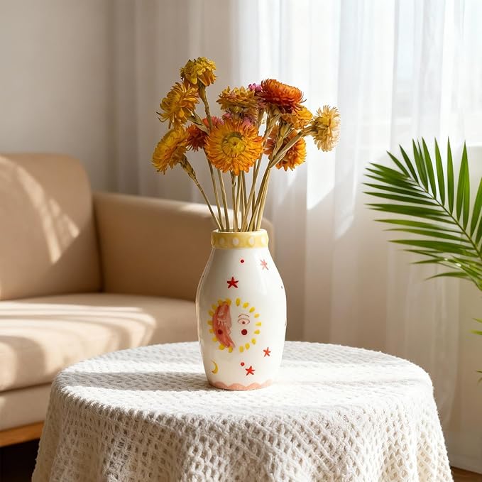 MOUGIGI Unique Ceramic Vase, Cute Boho Decor, Small Cream Vase for Dried Flowers or Single Bud - Sun and Moon Face Design
