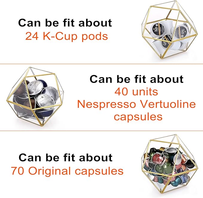 ELLDOO Gold Glass Coffee Pods Holder, Large Capacity 14 Sided Glass Box for K Cups & Nespresso Capsules, Coffee Capsule Storage for Counter Coffee Bar, Kitchen, Office