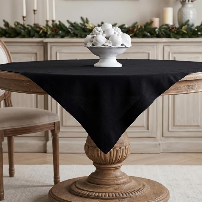 Solino Home Black Linen Tablecloth 52 x 52 Inch - 100% Pure Linen Square Table Throw - Fete, Machine Washable Table Cloth
