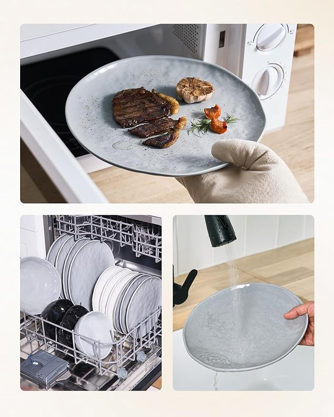 Famiware Porcelain kitchen plates and bowls set, Modern dishes set for 4, Handmade Wave Edge Dinnerware Sets, Microwave and Dishwasher Safe Tableware, Sleek Grey (16pc)