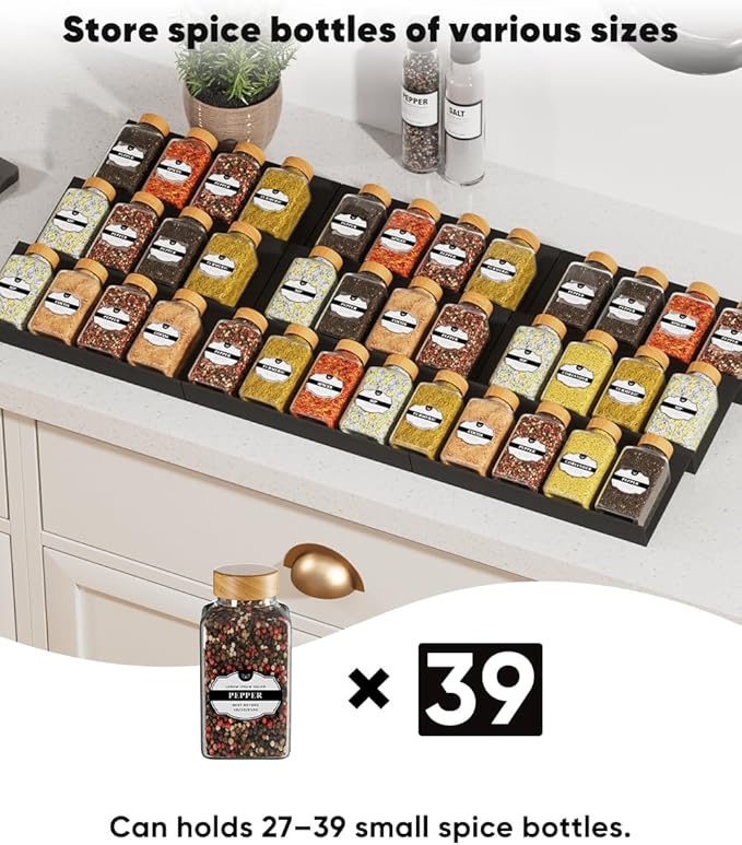ABS Spice Drawer Organizer, Spice Rack Tray for Kitchen Cabinet, 9 Pieces Set-Expandable Seasoning Storage Rack From 8"-24" Insert for Drawer/Countertop (Jars Not Included)