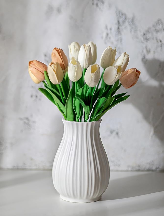 NUPTIO Ceramic Flower Vase for Bouquet: 6.3" Tall White Vases for Home Decor - Modern Decorative Table Centerpiece for Living Dining Room Kitchen Decor