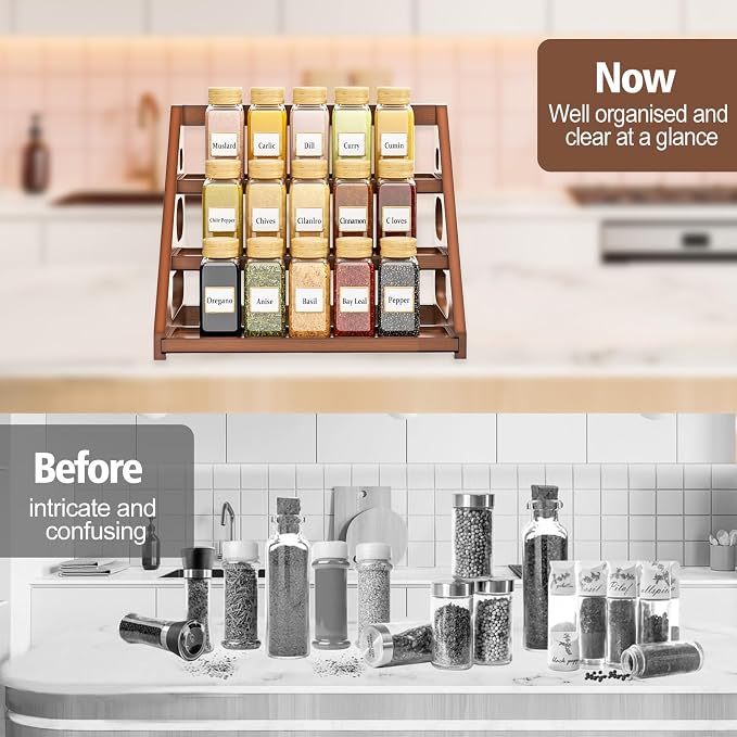 Spice Rack - Tiered Spice Rack Organization for Cabinet - 3 Tier Bamboo Display Spice Shelf for Countertop